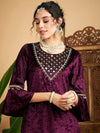 Women Purple Velvet Zari Embroidered Kurta