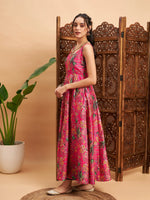 Women Pink Floral Sleeveless Anarkali Maxi Kurta