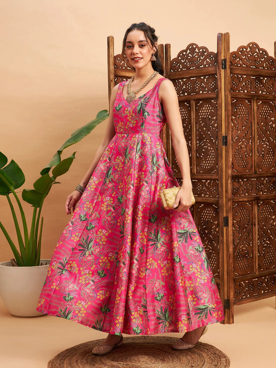 Women Pink Floral Sleeveless Anarkali Maxi Kurta