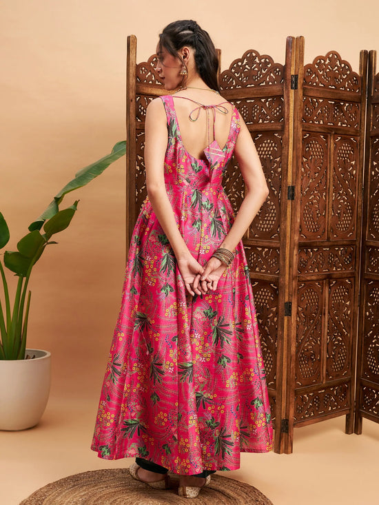 Women Pink Floral Sleeveless Anarkali Maxi Kurta