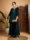 Women Emerald Green Velvet Embroidered Short Kurta