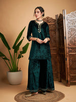 Women Emerald Green Velvet Embroidered Short Kurta