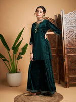 Women Emerald Green Velvet Embroidered Short Kurta