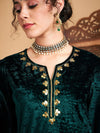 Women Emerald Green Velvet Embroidered Short Kurta