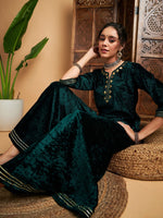 Women Emerald Green Velvet Embroidered Short Kurta