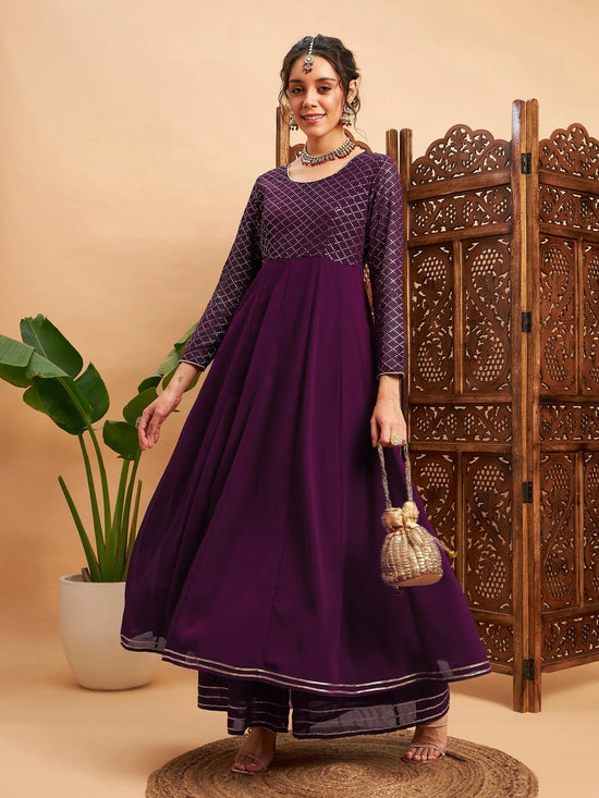 Women Burgundy Mukaish Work Anarkali Kurta