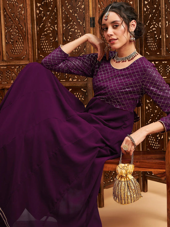 Women Burgundy Mukaish Work Anarkali Kurta