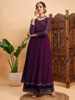 Women Burgundy Mukaish Work Anarkali Kurta