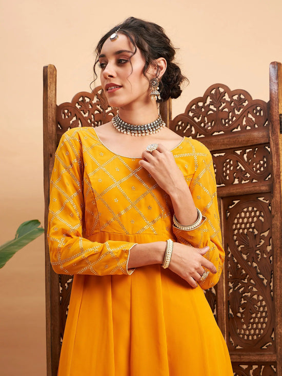 Women Mustard Mukaish Work Anarkali Kurta