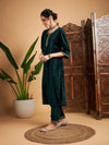 Women Emerald Green Velvet Contrast Piping Straight Kurta