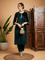 Women Emerald Green Velvet Contrast Piping Straight Kurta