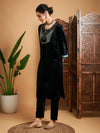 Women Black Velvet Yoke Embroidered Straight Kurta