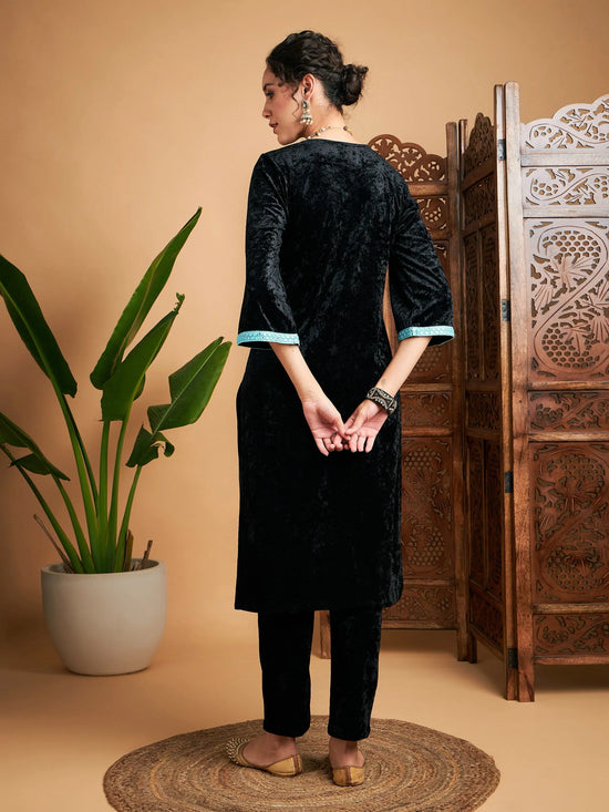 Women Black Velvet Yoke Embroidered Straight Kurta