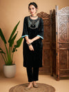 Women Black Velvet Yoke Embroidered Straight Kurta