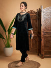 Women Black Velvet Yoke Embroidered Straight Kurta