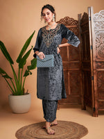 Women Grey Velvet Embroidered Straight Kurta-SHKUR00367XS