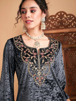 Women Grey Velvet Embroidered Straight Kurta-SHKUR00367XS