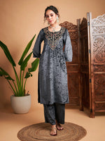 Women Grey Velvet Embroidered Straight Kurta-SHKUR00367XS