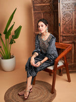 Women Grey Velvet Embroidered Straight Kurta-SHKUR00367XS