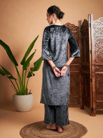 Women Grey Velvet Embroidered Straight Kurta-SHKUR00367XS