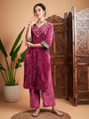 Women Pink Velvet Embroidered Yoke Straight Kurta