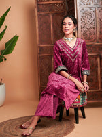 Women Pink Velvet Embroidered Yoke Straight Kurta