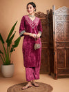 Women Pink Velvet Embroidered Yoke Straight Kurta