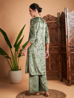 Women Olive Velvet Sequin Embroidered Straight Kurta