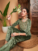 Women Olive Velvet Sequin Embroidered Straight Kurta