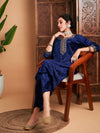 Women Navy Velvet Embroidered Straight Kurta