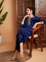 Women Navy Velvet Embroidered Straight Kurta