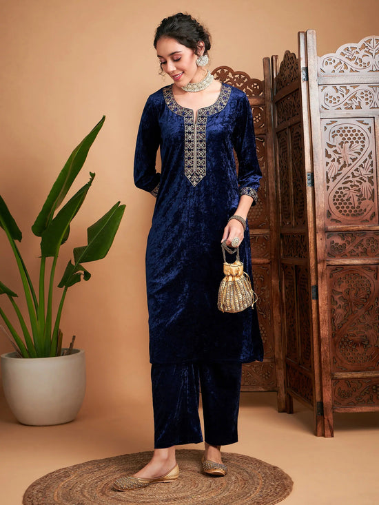 Women Navy Velvet Embroidered Straight Kurta