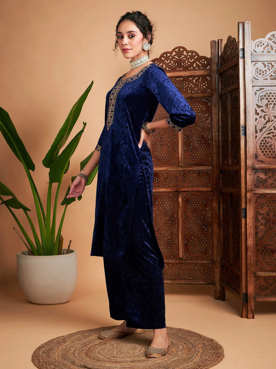 Women Navy Velvet Embroidered Straight Kurta