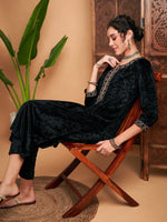 Women Black Velvet Embroidered Straight Kurta