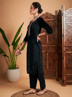 Women Black Velvet Embroidered Straight Kurta