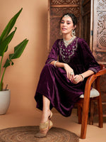 Women Purple Velvet Embroidered Gathered Kurta