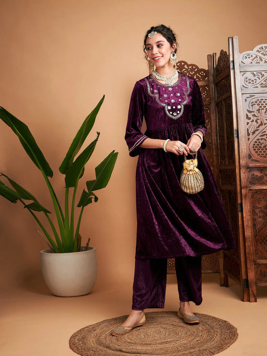 Women Purple Velvet Embroidered Gathered Kurta