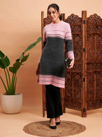 Women Pink & Grey Hair Wool Straight Kurta