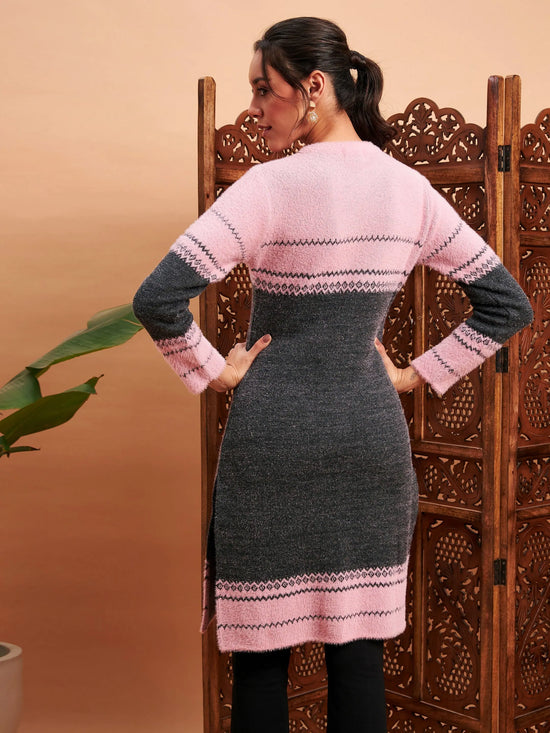 Women Pink & Grey Hair Wool Straight Kurta