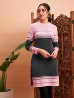 Women Pink & Grey Hair Wool Straight Kurta