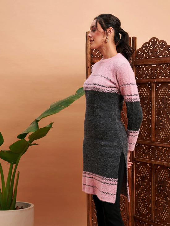 Women Pink & Grey Hair Wool Straight Kurta