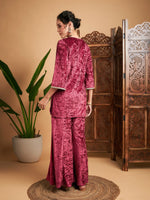 Women Pink Velvet Front Embroidered Short Kurta