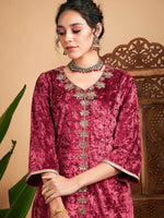 Women Pink Velvet Front Embroidered Short Kurta