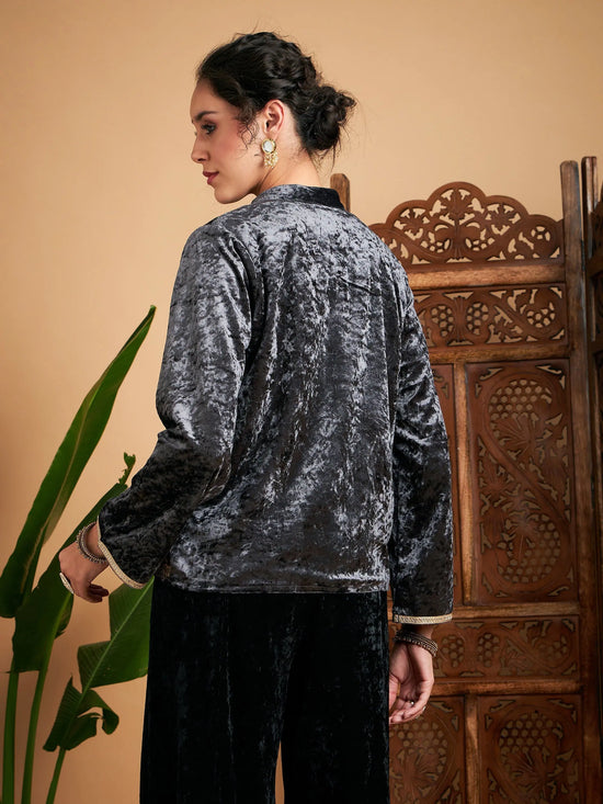 Women Embroidered Standard Grey Full Sleeve Jacket