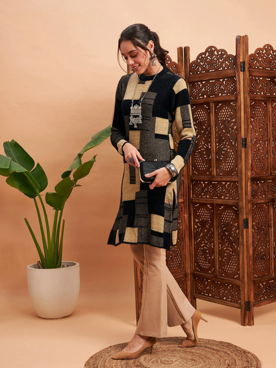 Women Black & Beige Hair Wool Straight Kurta