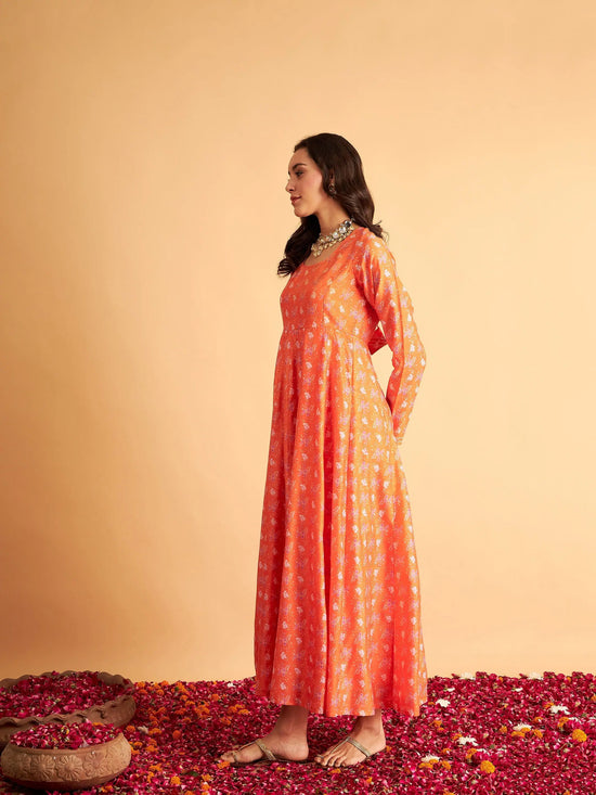 Women Orange Floral Round Neck Anarkali Maxi Dress