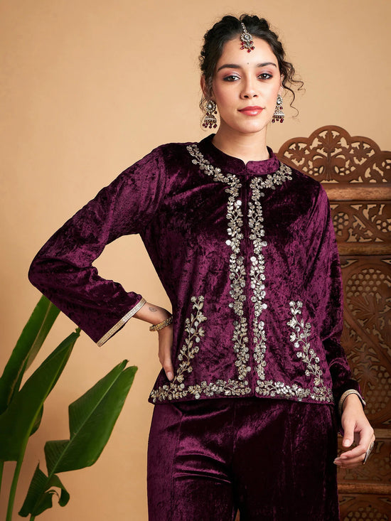 Women Embroidered Standard Purple Full Sleeve Jacket