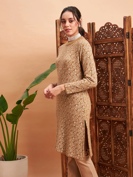 Women Beige & Off White Hair Wool Straight Kurta