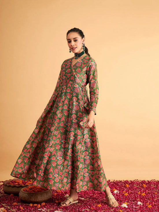 Women Green Floral Wrap Neck Anarkali Maxi Dress