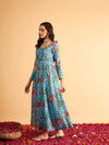 Women Blue Floral Round Neck Anarkali Maxi Dress